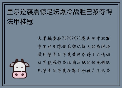 里尔逆袭震惊足坛爆冷战胜巴黎夺得法甲桂冠