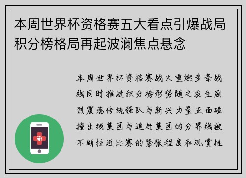 本周世界杯资格赛五大看点引爆战局积分榜格局再起波澜焦点悬念 本周世界杯资格赛五大看点引爆战局积分榜格局再起波澜焦点悬念